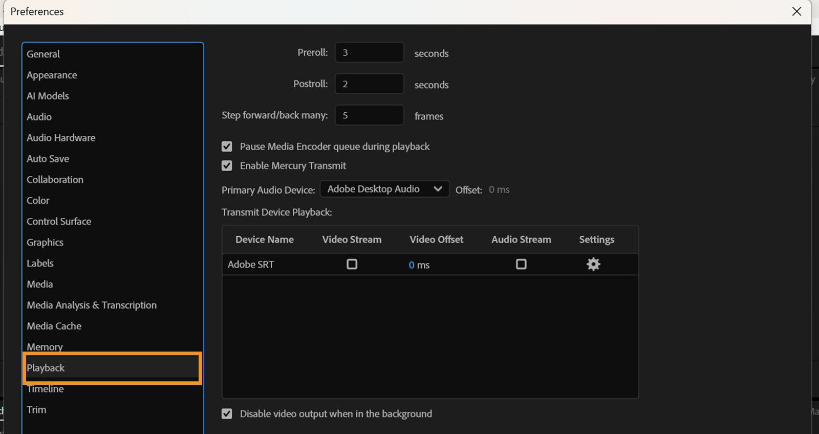 The Preferences dialog is open with the Playback panel displayed, with options to adjust playback settings, choose output devices, and manage external video and audio monitoring.