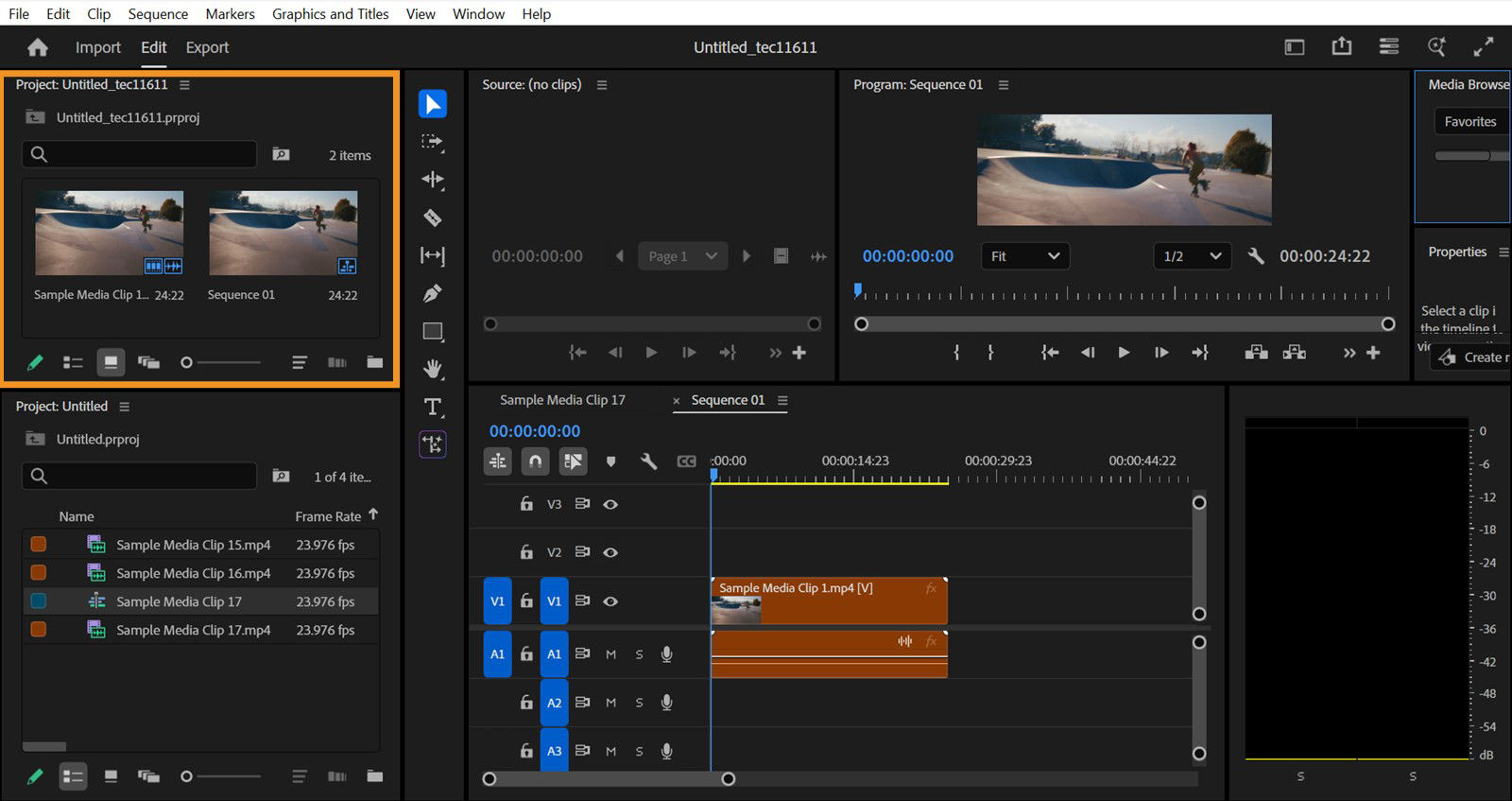 The Premier Pro workspace displays two different Project panels customized in a single workspace.