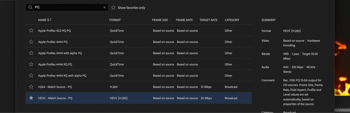 The Preset Manager dialog box is open and from the search result, the HEVC - Match Source - PQ option is selected.