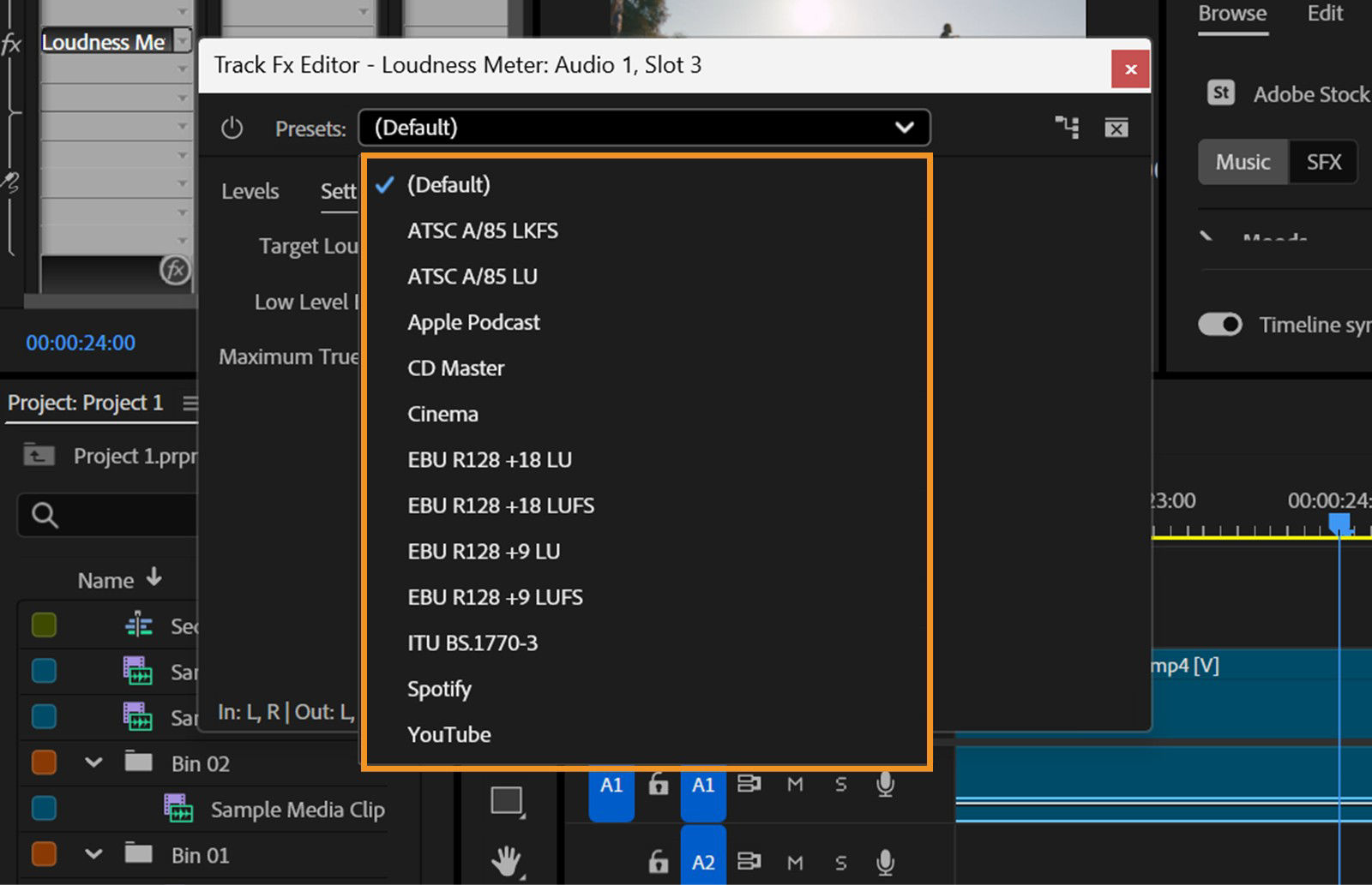 The Presets menu is dropped down in the Track Fx Editor - Loudness Meter dialog box with options including Apple Podcast, Cinema, Spotify, YouTube, and more. 