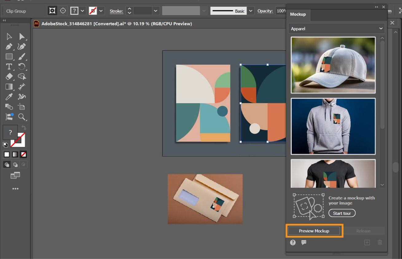 The Preview Mockup is highlighted in the Mockup panel.