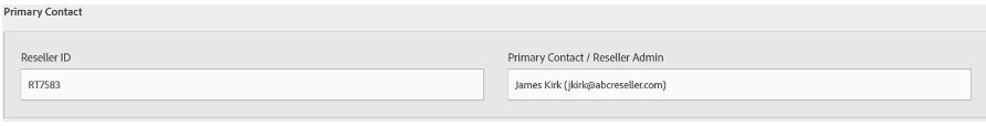 The Primary Contact details section displays the reseller ID and primary contact/ Reseller Admin details.