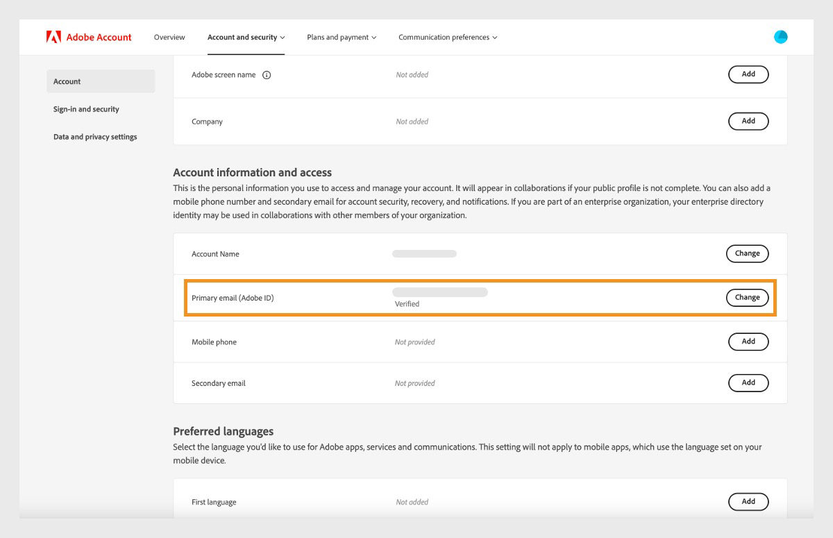 The Primary email (Adobe ID) area, located under Account information and access in the Account tab, displays the email address associated with your Adobe account.