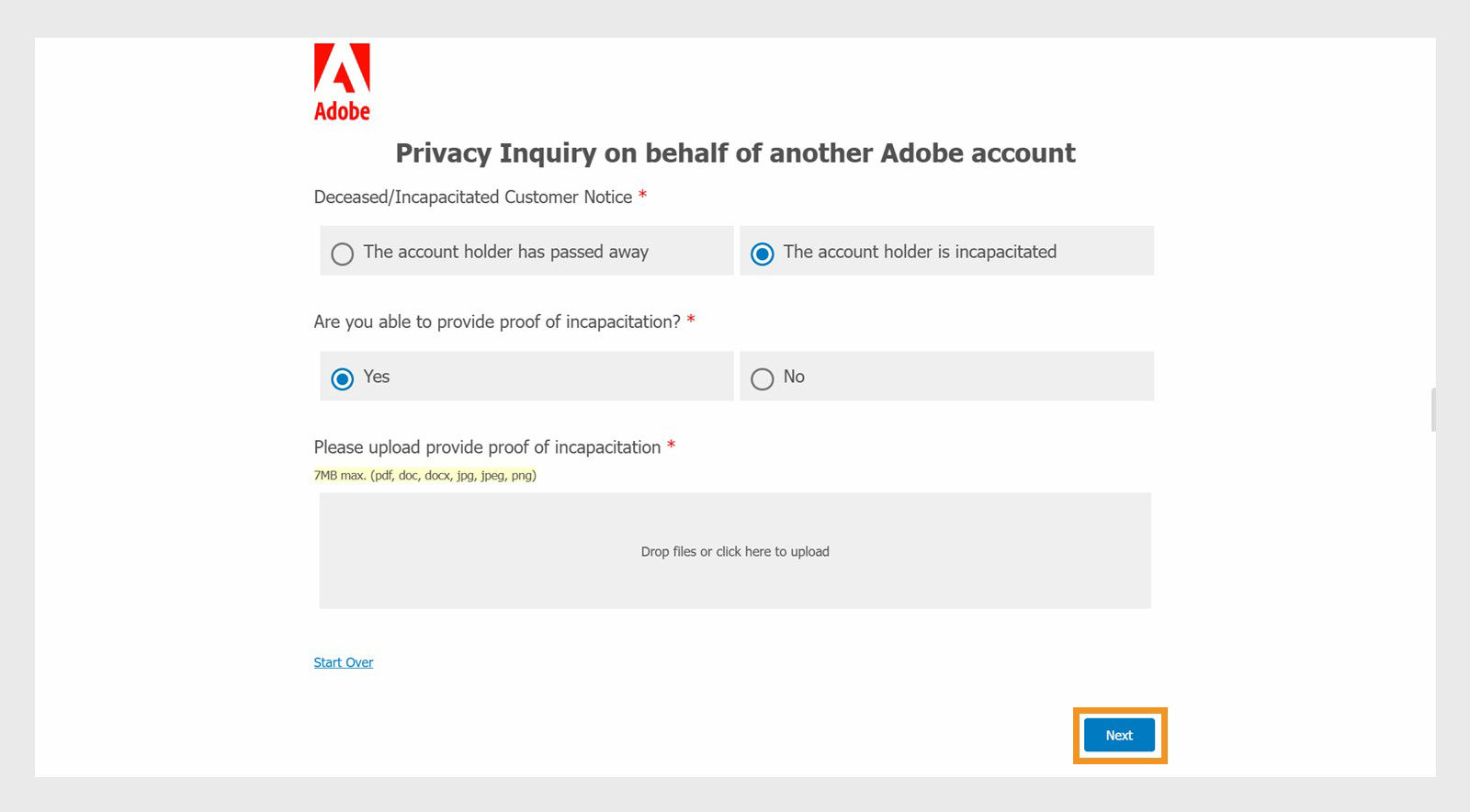 The Privacy Inquiry screen displays the option to select the reason for closing the account, choose if you're able to provide proof of incapacitation or death, and upload proof.