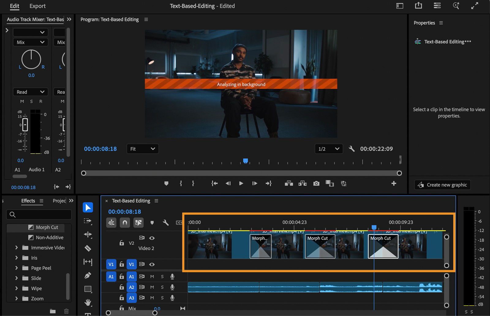 The Program Monitor displays an Analyzing in background banner over the video. The Timeline panel shows the Morph Cut effect applied between multiple clips.