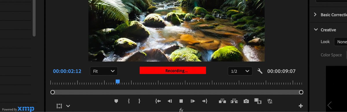 The Program Monitor is open and there is an indication that the voice is being recorded.