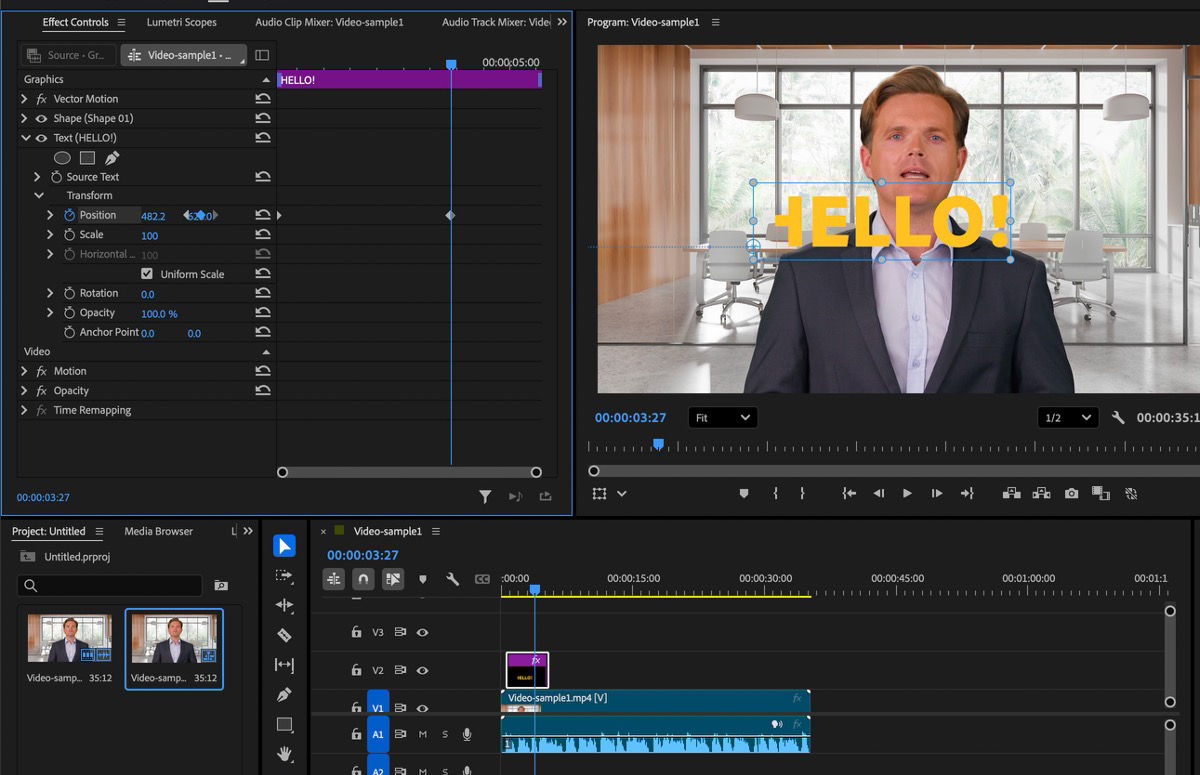 The Program Monitor shows a preview of the video and text through the masked shape. The Effects Control panel has the Property of the text adjusted.