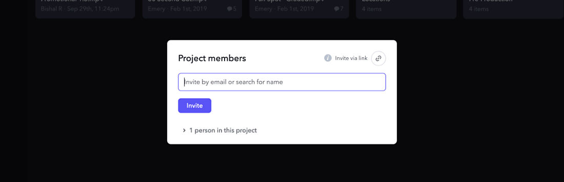 The Project members dialog box is open with the field to add the email address and an option to Invite via link.