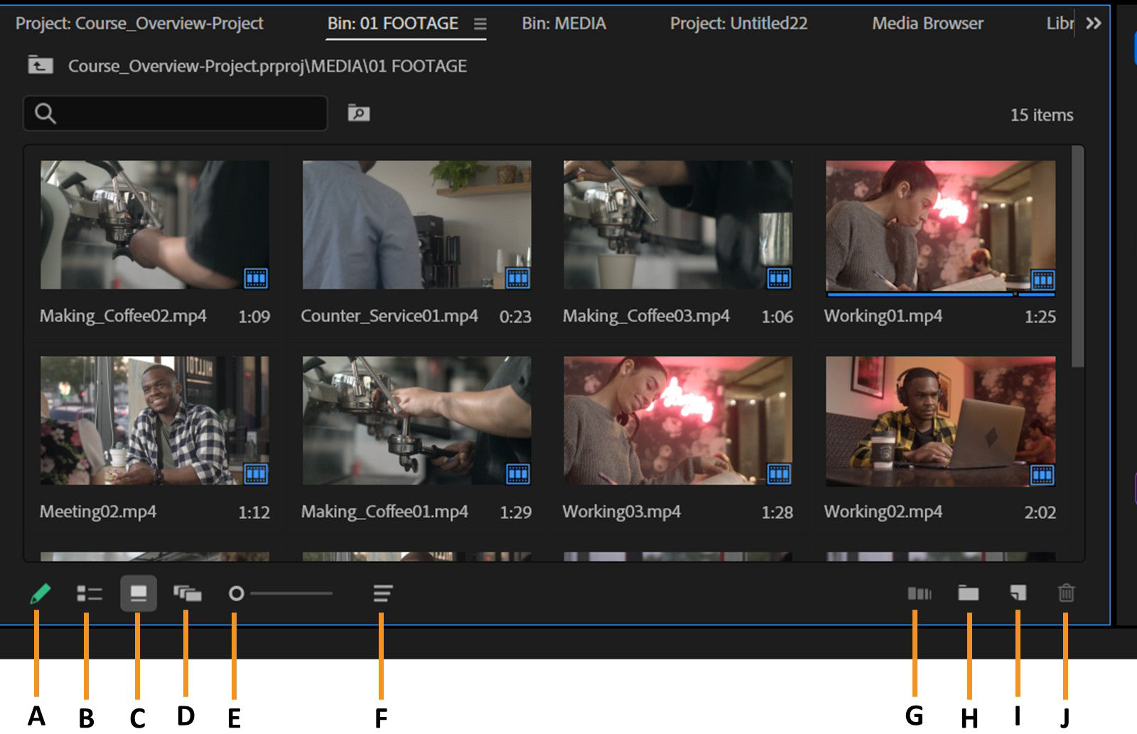 The Project panel displays the thumbnails of the clips in the Icon View.