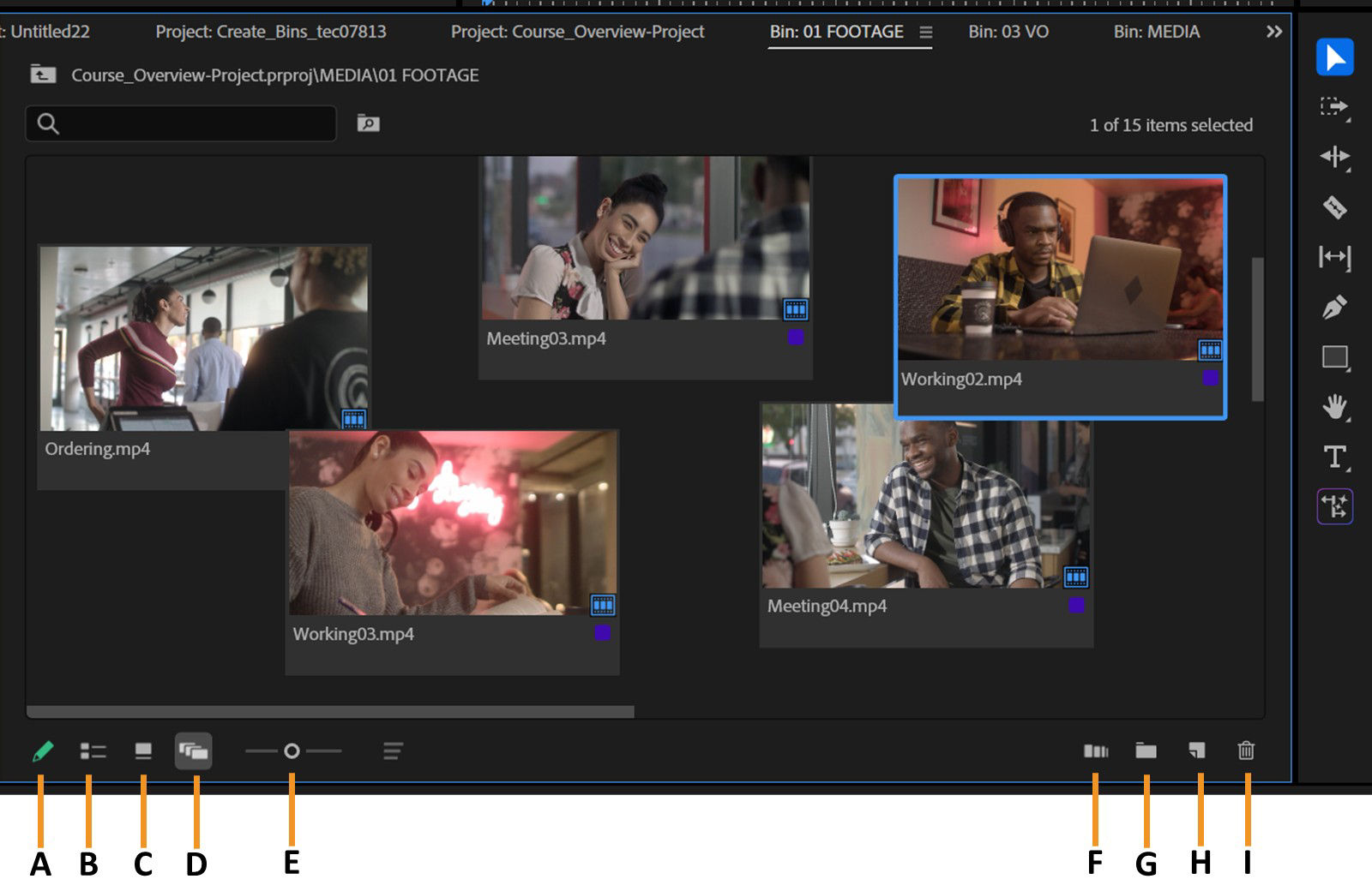 The Project panel displays the thumbnails of the clips positioned freely in the Freeform View.
