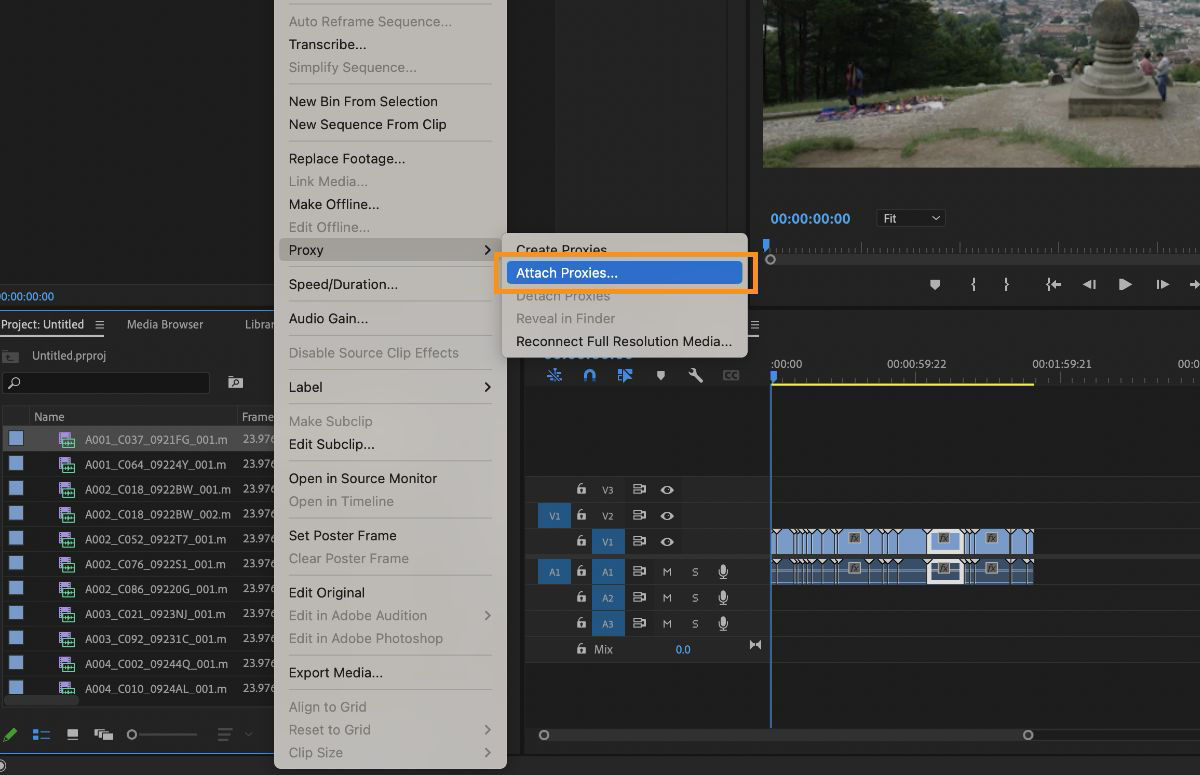 The Project panel menu open with Attache Proxies option selected.