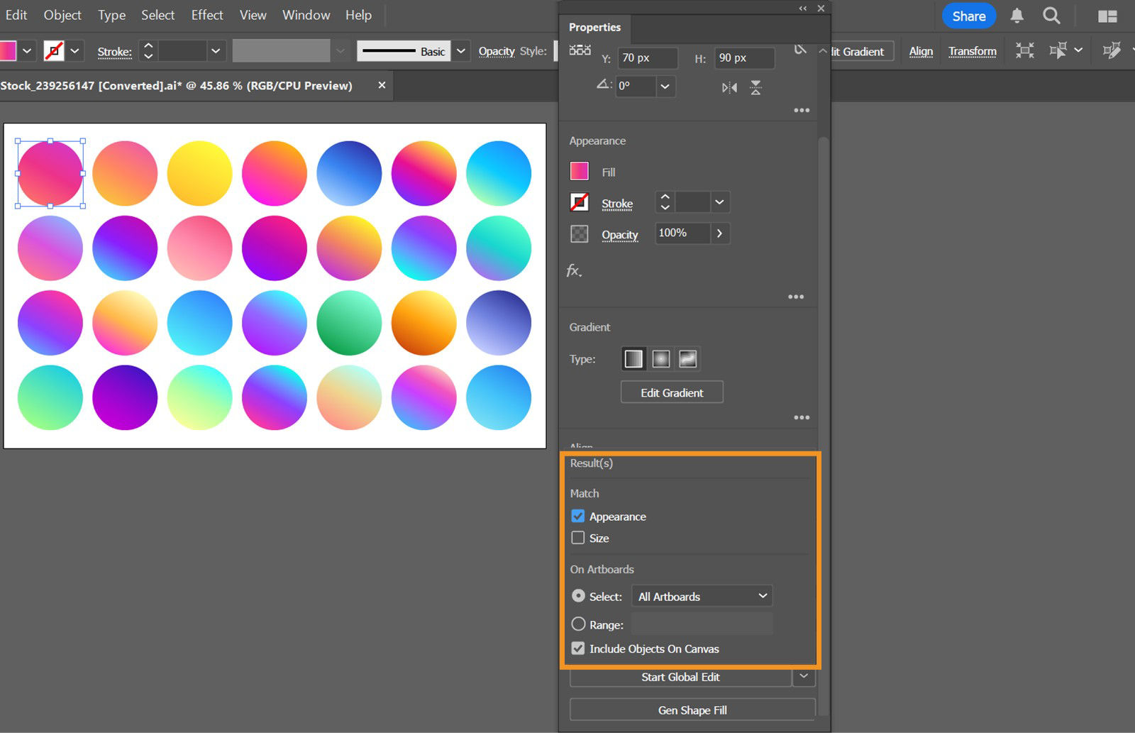 The Properties panel displays the Results(s) section, which includes a list of options from the Match section and options from the On Artboards section.