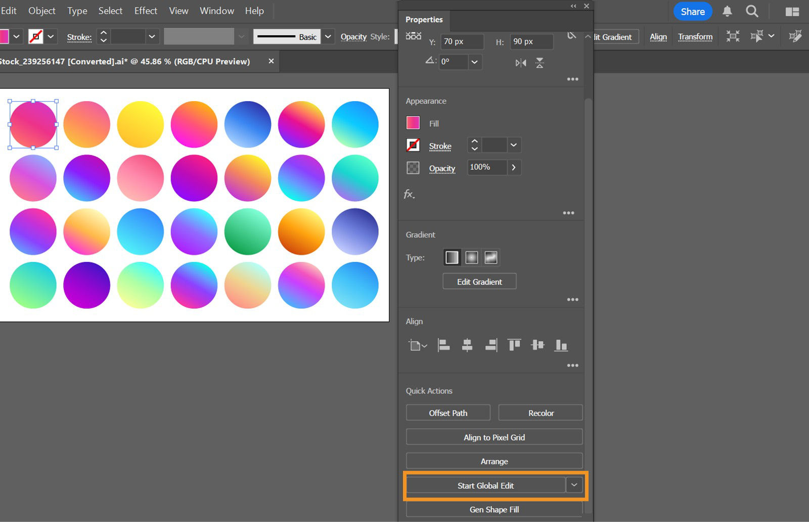 The Properties panel displays the highlighted Start Global Edit dropdown under the Quick Actions section.