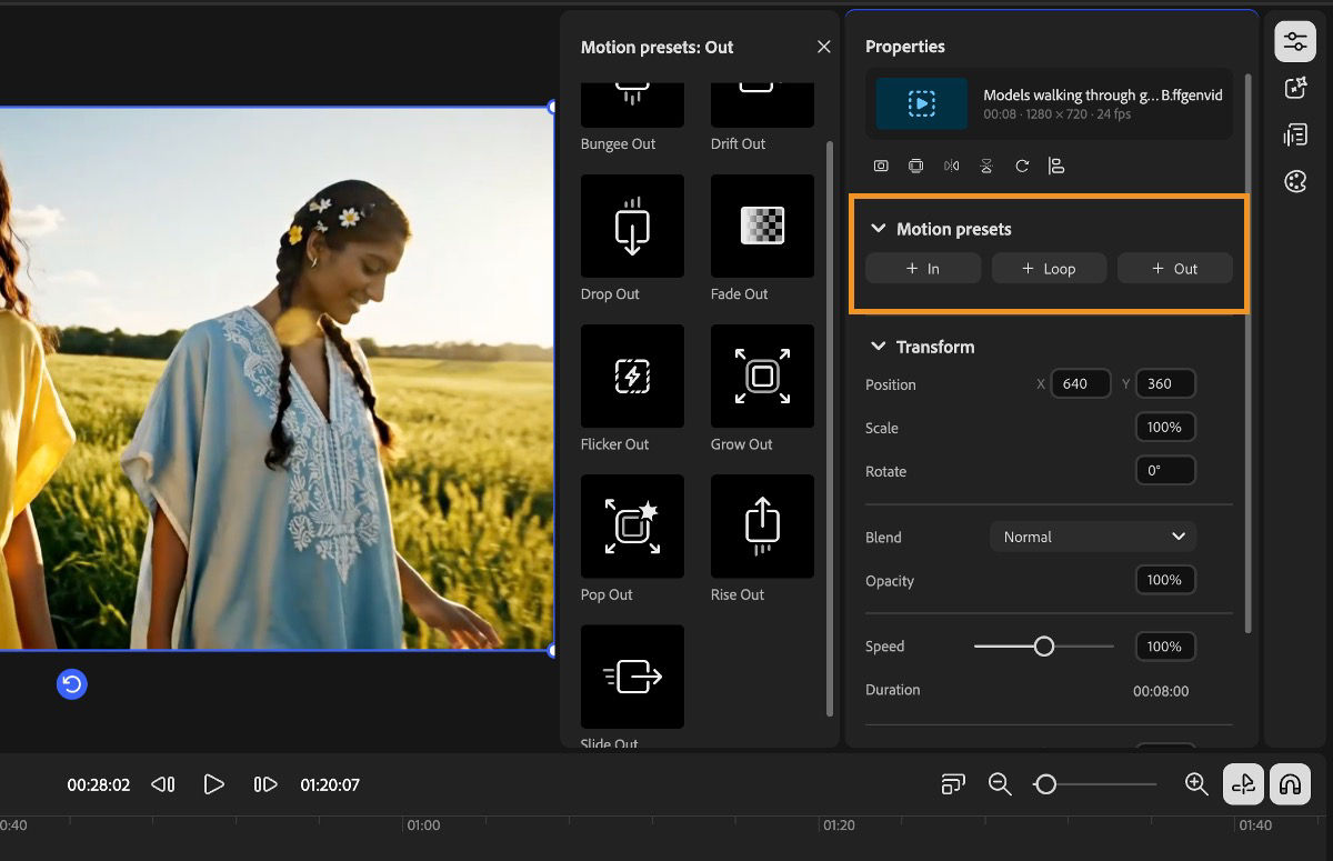 The Properties panel shows Motion presets controls for adding an In, Loop, or Out preset.