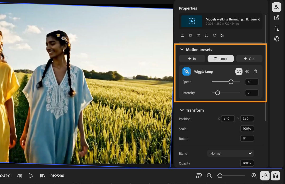 The Properties panel shows the Loop preset controls- speed and intensity, for the selected clip.