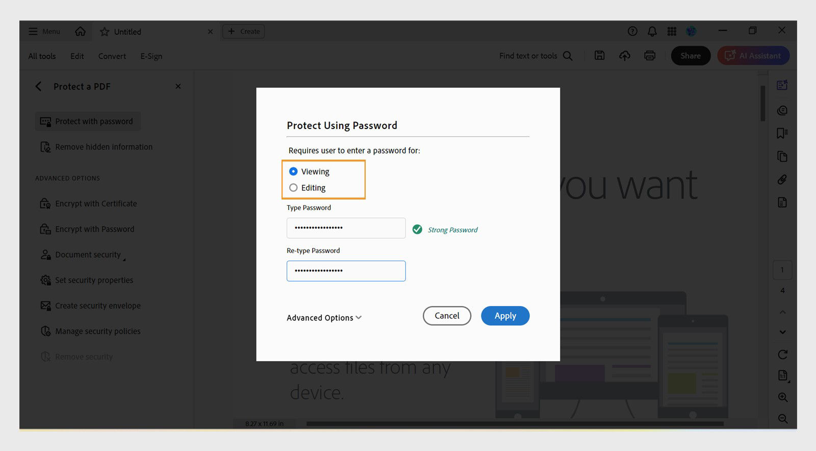 The Protect Using Password dialog box shows options for setting password permissions for viewing or editing, as well as fields for entering the password.