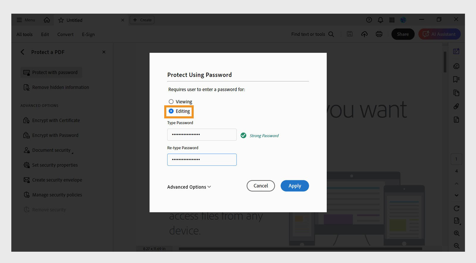 The Protect Using Password dialog box shows the Editing option selected and a password entered.