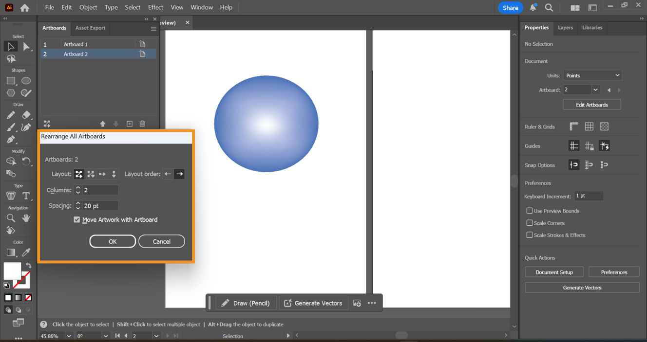 The Rearrange All Artboards dialog box is displayed on the screen, showcasing settings such as Layout, Layout order, Columns, and others. 