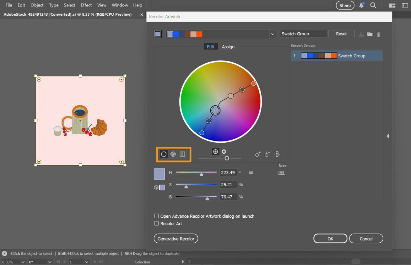 The Recolor Artwork dialog box displays a smooth color wheel and highlighted options to select the color display. It also shows options select harmony rules, set names and sliders to adjust hues, saturation and brightness name
