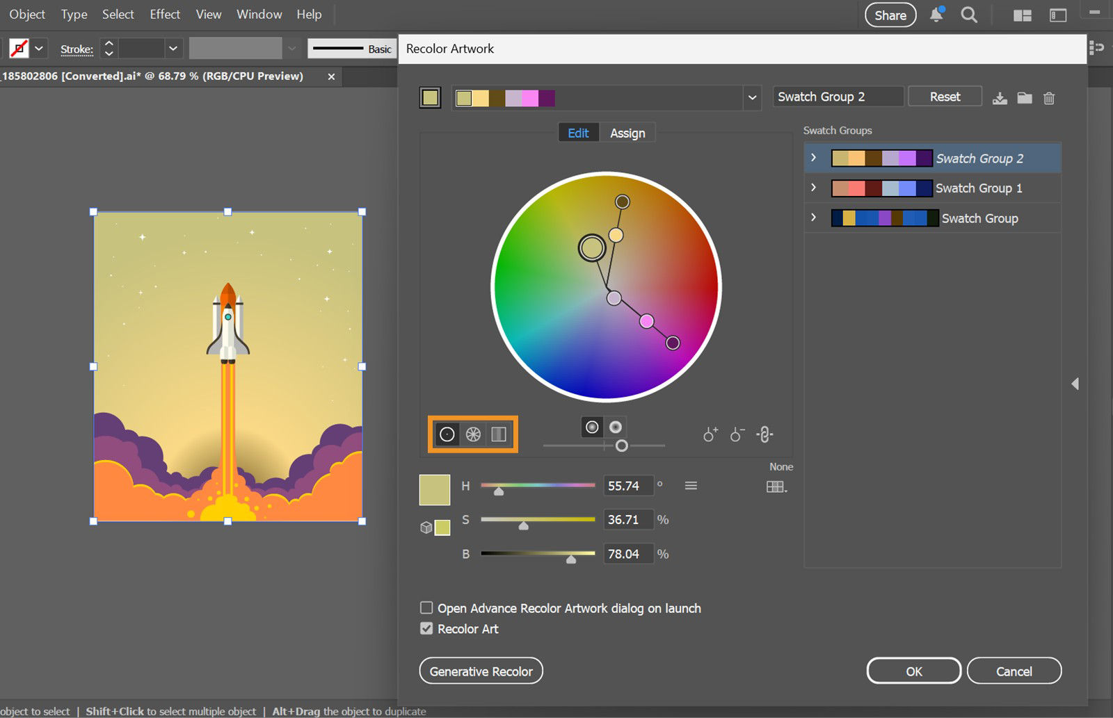 The Recolor Artwork dialog box displays a smooth color wheel and highlighted options to select the color display. It also shows the Swatch Groups list and options to name, save, and delete swatch groups.
