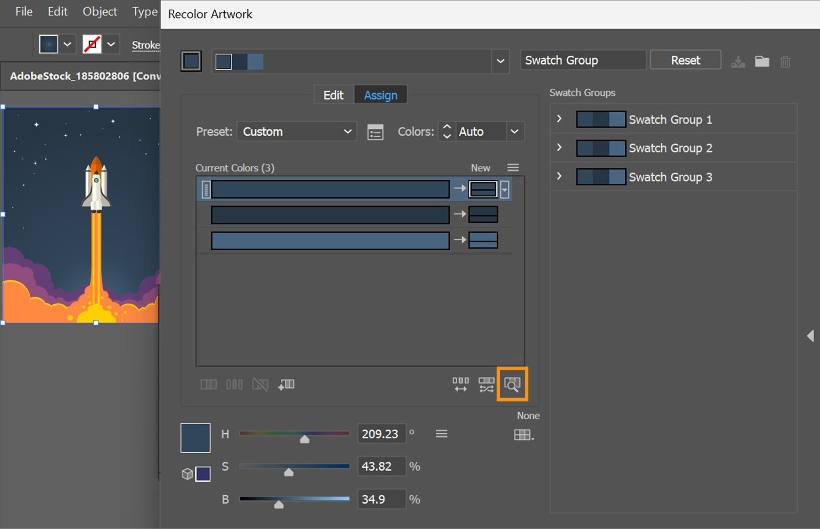 The Recolor Artwork dialog box displays color reduction settings with highlighted Click on colors above to find them in the artwork option.