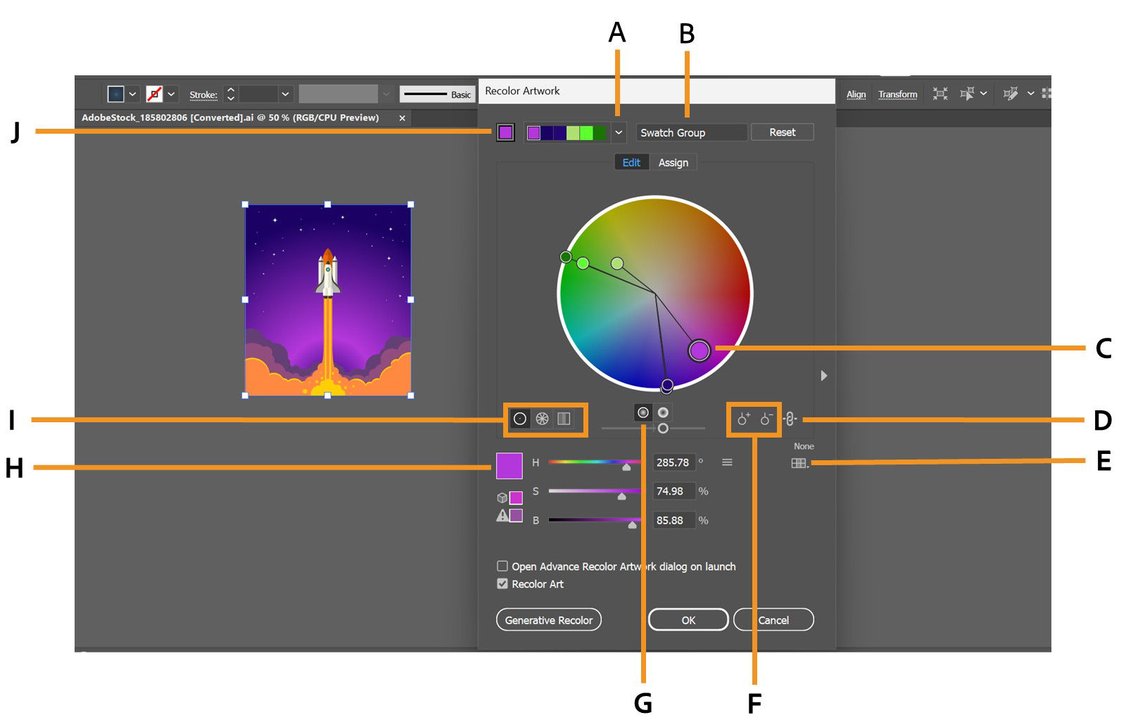 The Recolor Artwork dialog box displays options to select color harmony rules, set name, move base color marker, unlink the harmony colors, limit swatch group to swatch library colors, add or remove color, display brightness and hue on the wheel, display color options, and set current color as base color.