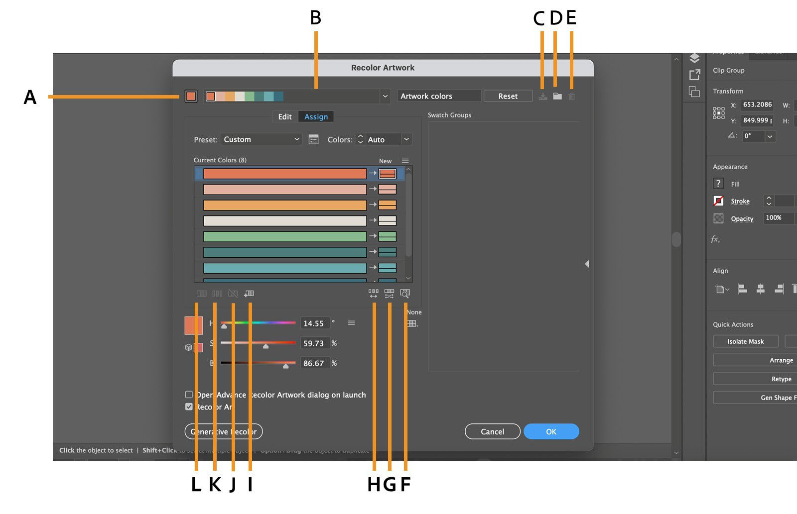 The Recolor Artwork dialog box displays various recoloring options such as Harmony Rules, Save changes to swatch group, New Swatch Group, and more., Picture