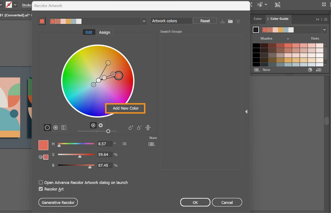 The Recolor Artwork dialog box is displayed on the screen highlighting the option to Add New Color.