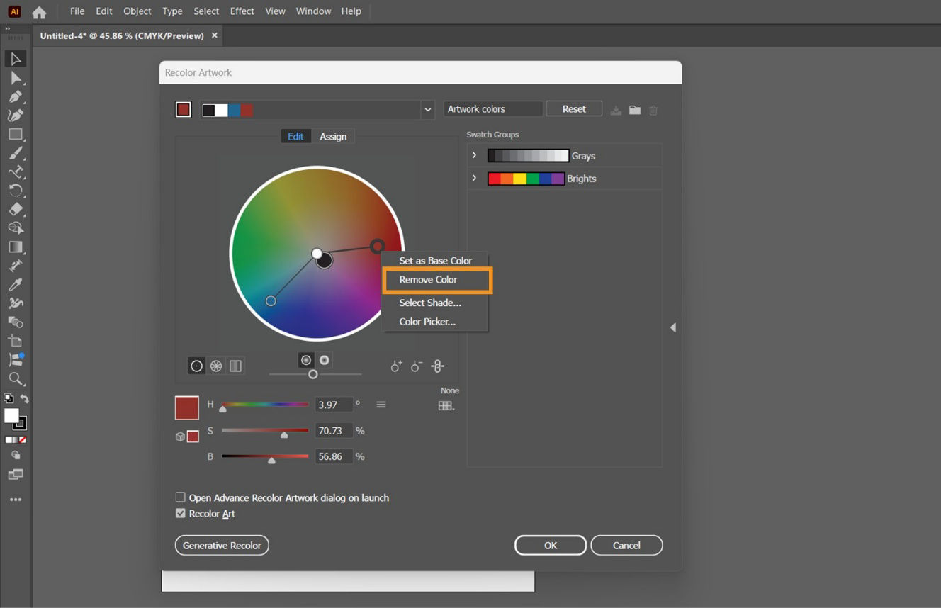 The Recolor Artwork dialog box is displayed on the screen highlighting the option to Remove Color.