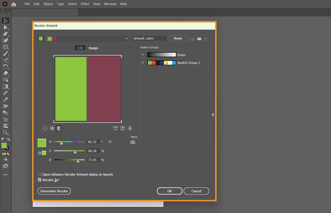 The Recolor Artwork dialog box is highlighted on the screen showcasing the options to adjust Hue, Saturation, Brightness, and more settings.