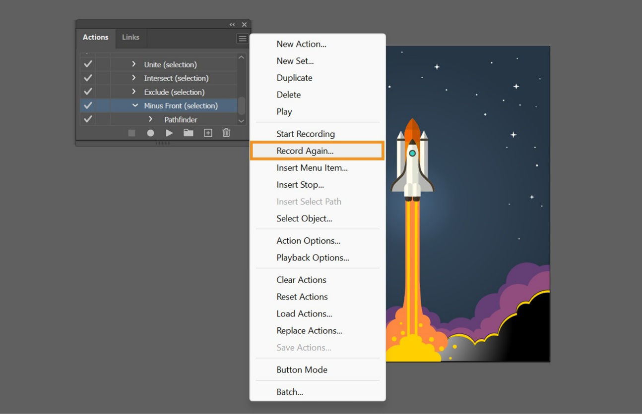 The Record Again option is highlighted in the Actions panel menu. 