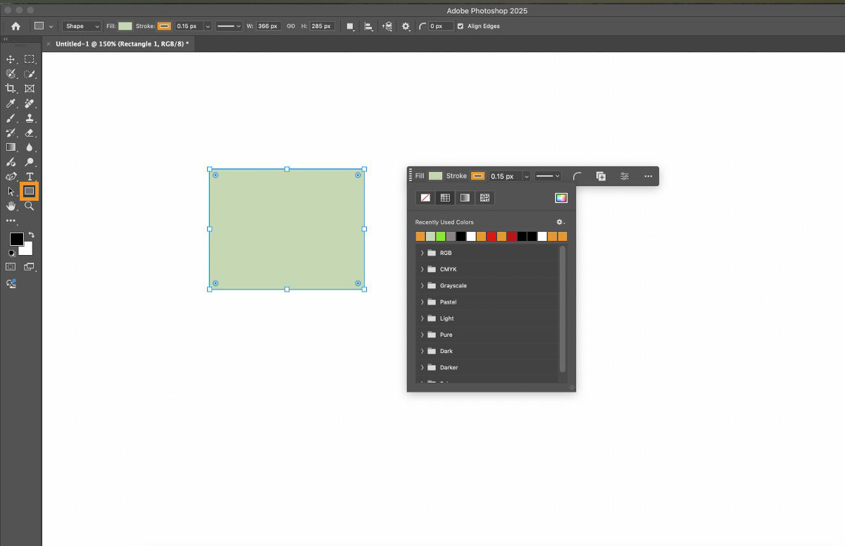 The Rectangle tool is highlighted in the Tools panel, and a rectangle is drawn on the canvas. The Contextual Task Bar is present, showing the Fill dropdown menu.