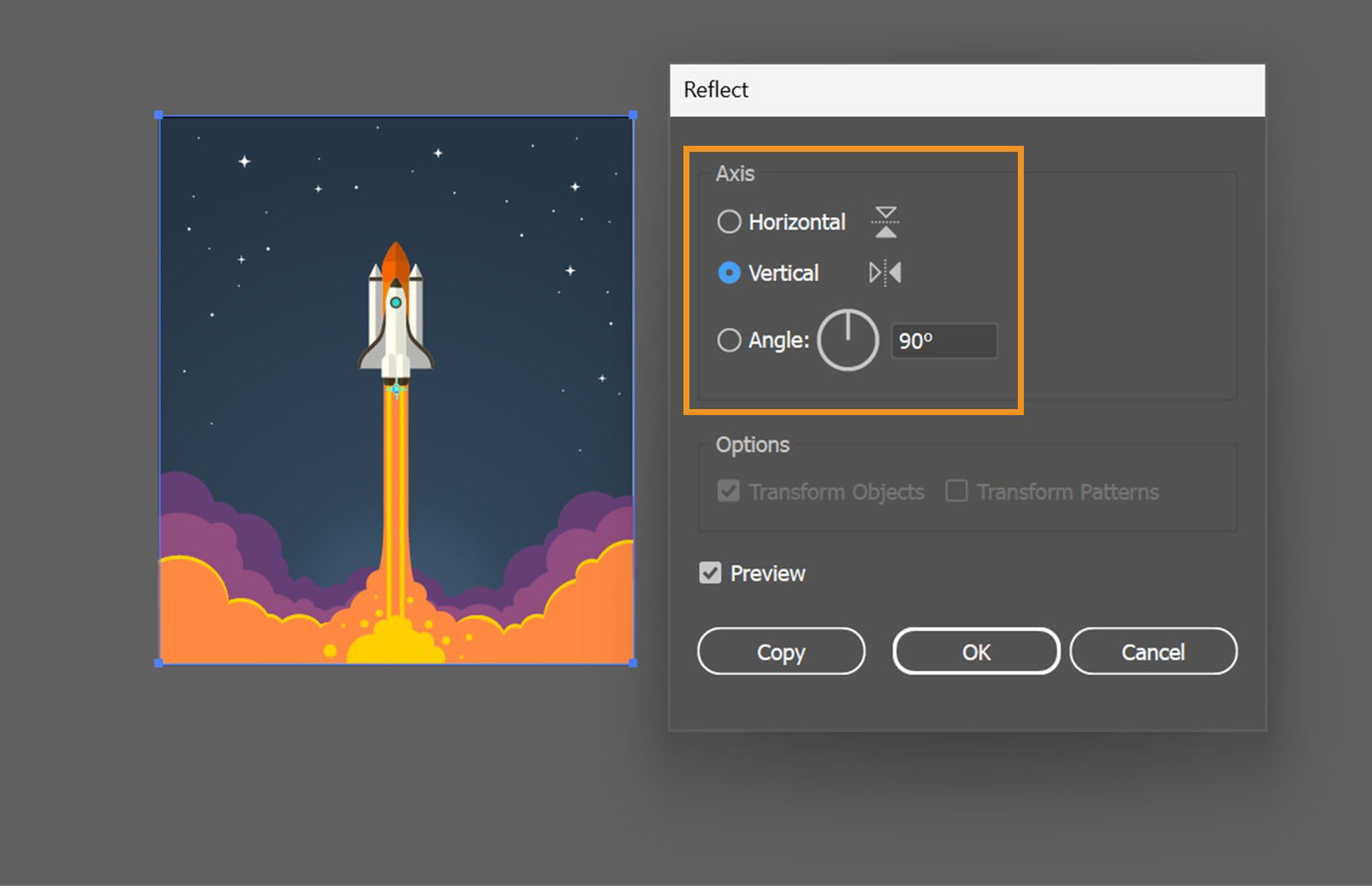 The Reflect dialog box is displayed, showcasing the settings to adjust the Horizontal and Vertical axis, Angle, and more.