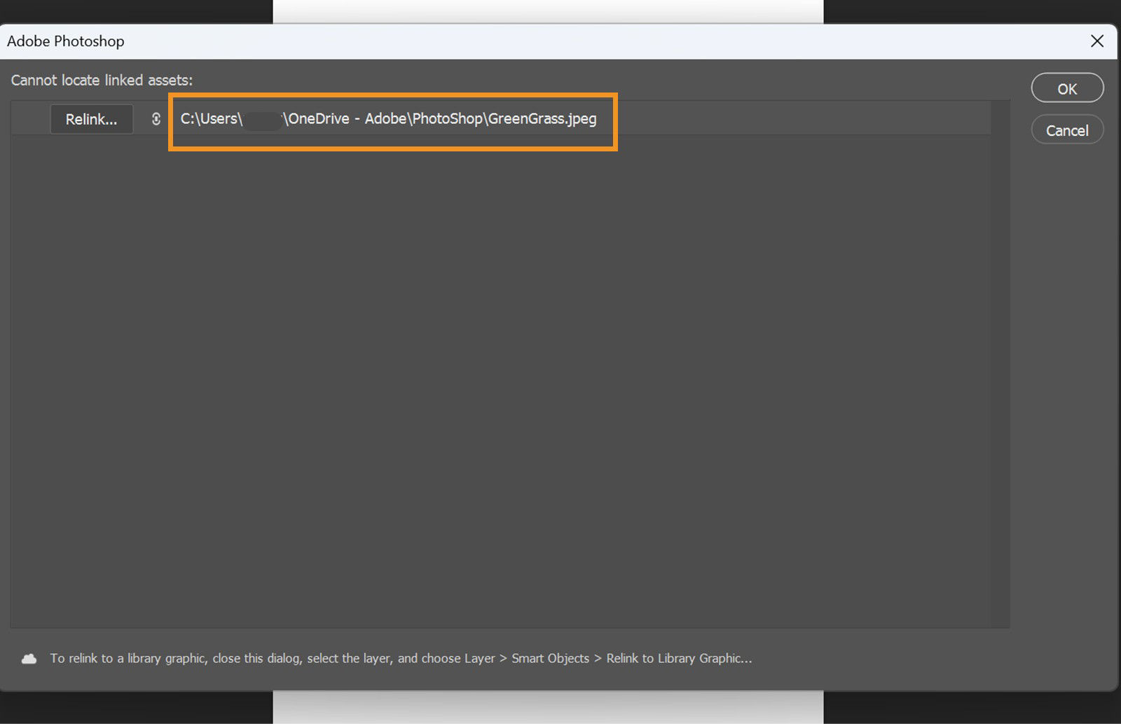 The Relink dialog box shows the missing file’s last-known path with Relink, OK, and Cancel options visible.