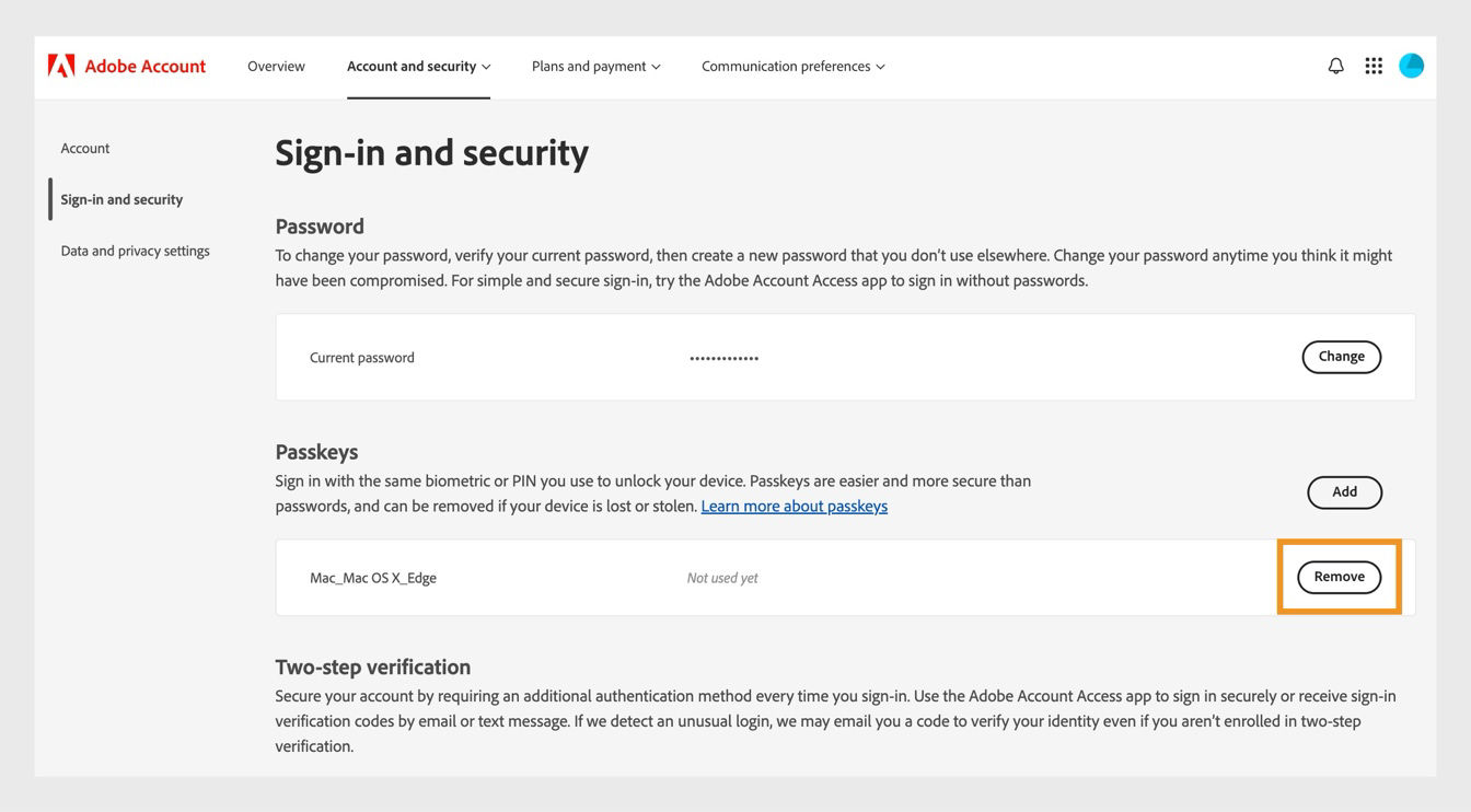 The Remove button, available to the right of the details of your saved passkey in the Passkeys section, allows you to remove a saved passkey from your account.