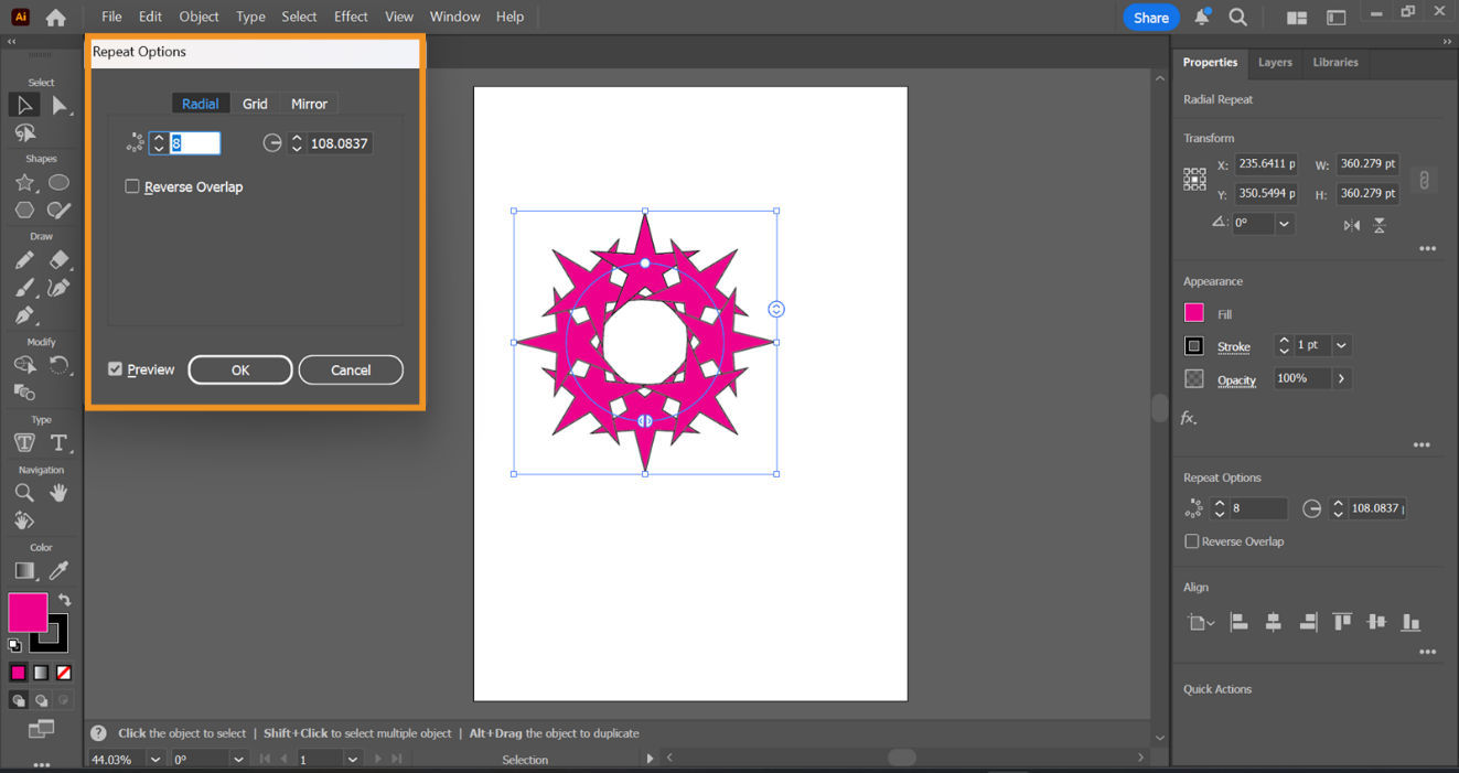 The Repeat Options dialog box for Radial Repeat is displayed on the screen showcasing settings to adjust the Number of instances and Radius.