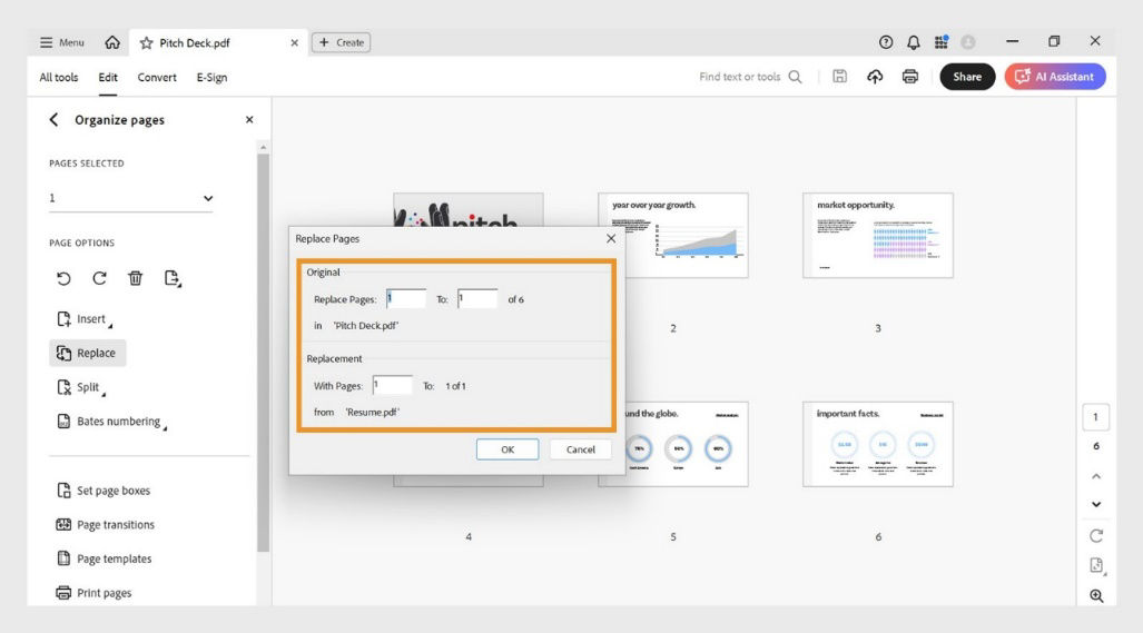 The Replace Pages dialog box displays Original and Replacement options for specifying page range for replacing pages.