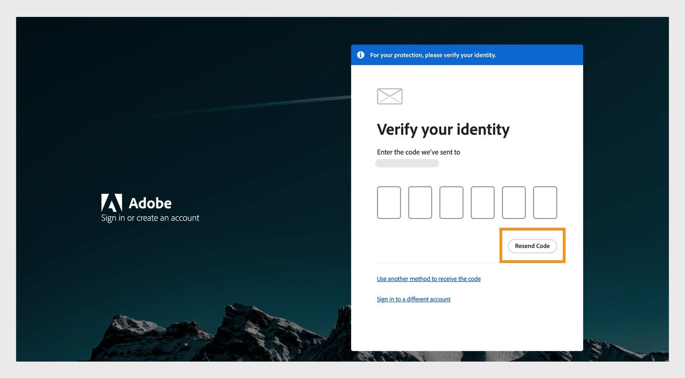 The Resend Code button in the Verify your identity window lets you request a new verification code.