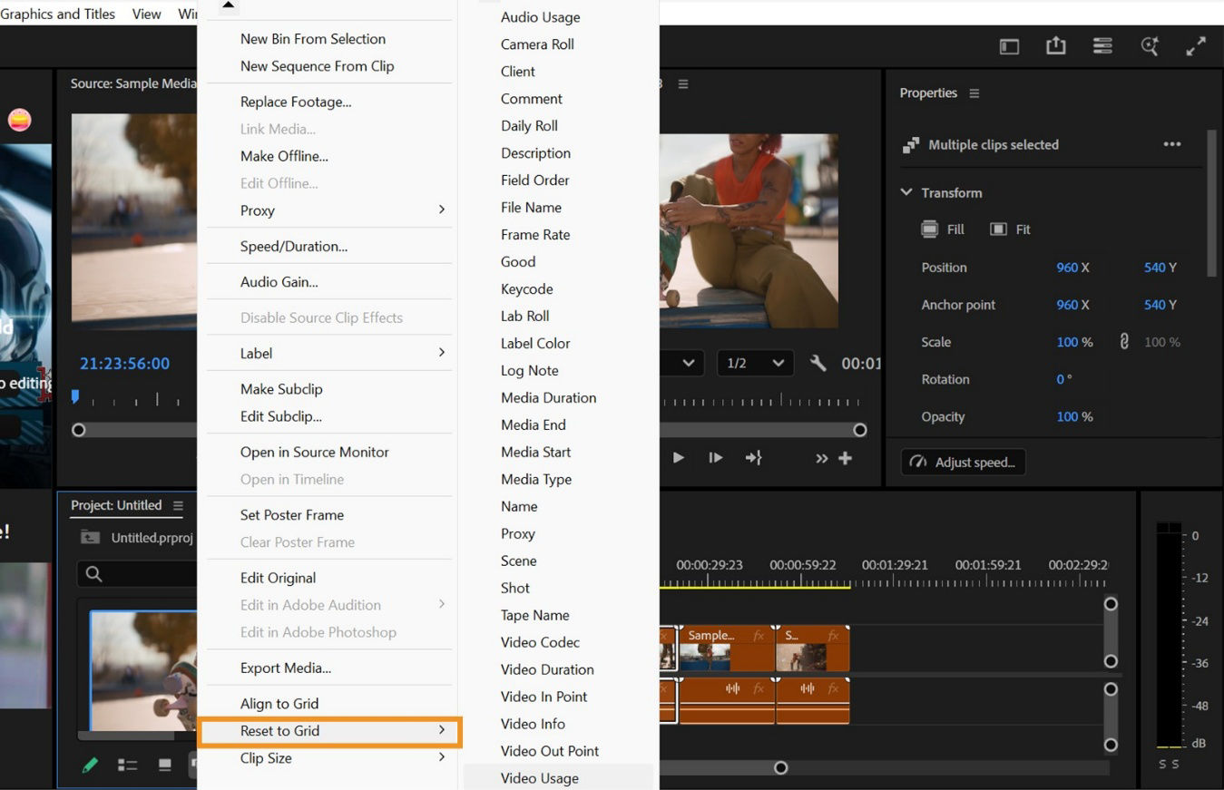 The Reset to Grid option is expanded with various sorting criteria such as Log Note, Video Info, and much more. 