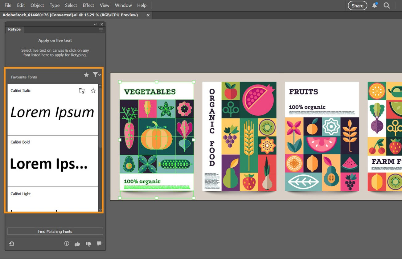 The Retype panel displays list of suggested fonts from last scan along with Show Favorite Fonts and Apply Filter icons.