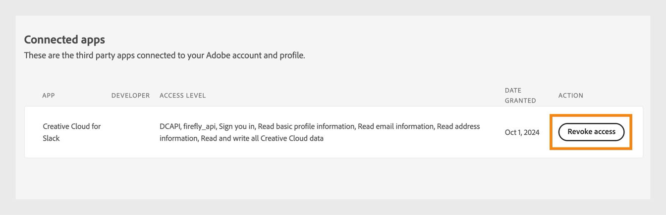 The Revoke access button, available under the Action column in the Connected apps section, allows you to revoke third-party app access to your Adobe account.