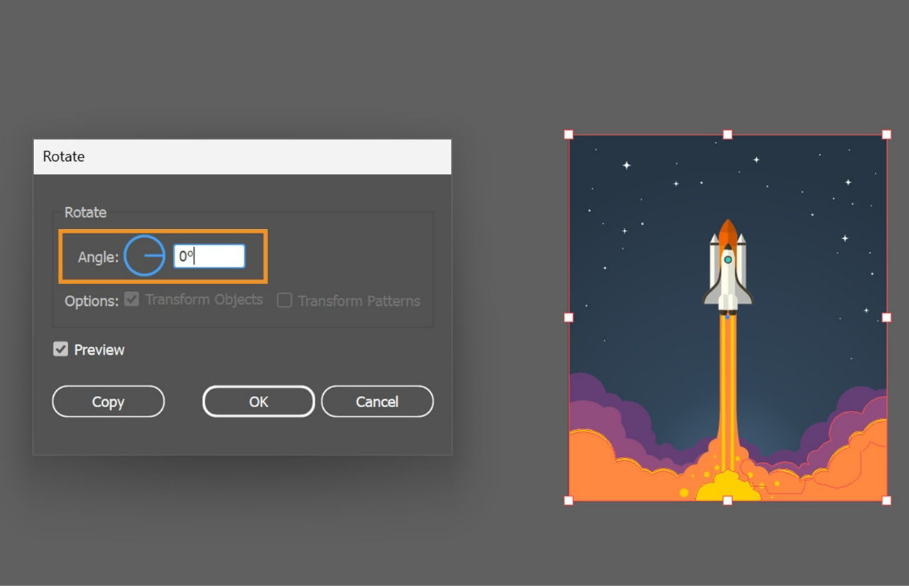The Rotate dialog box is displayed on the screen highlighting the option to set the rotation angle.