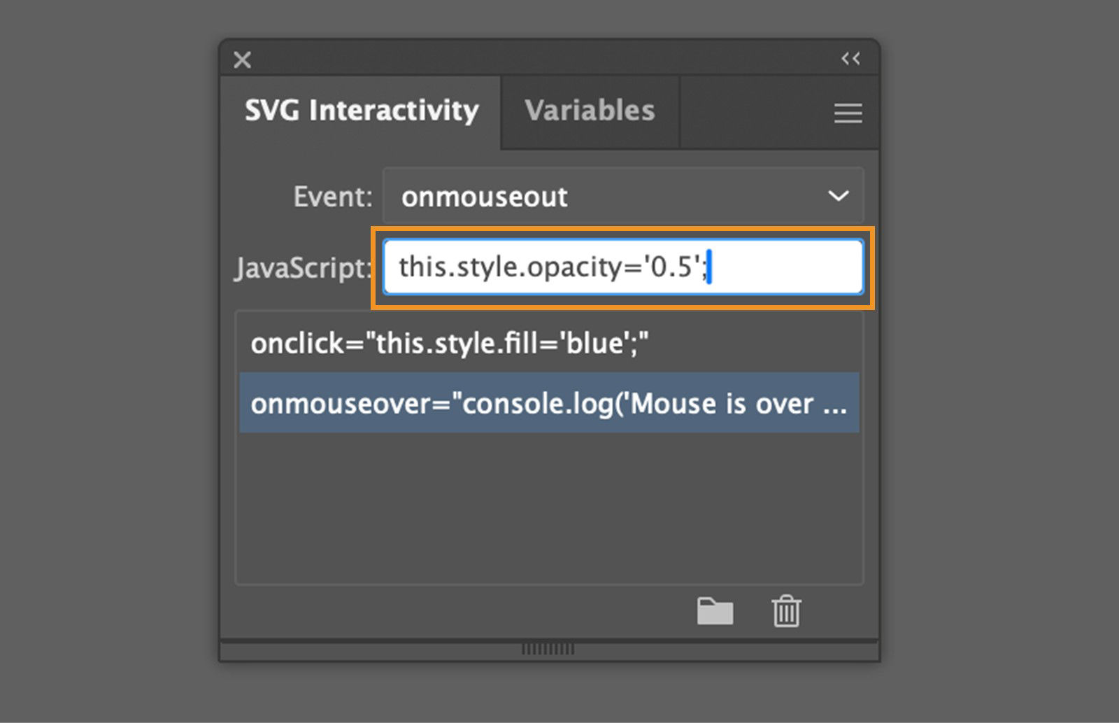 The SVG Interactivity dialog box shows the Event dropdown and the JavaScript input field containing an entered JavaScript code.
