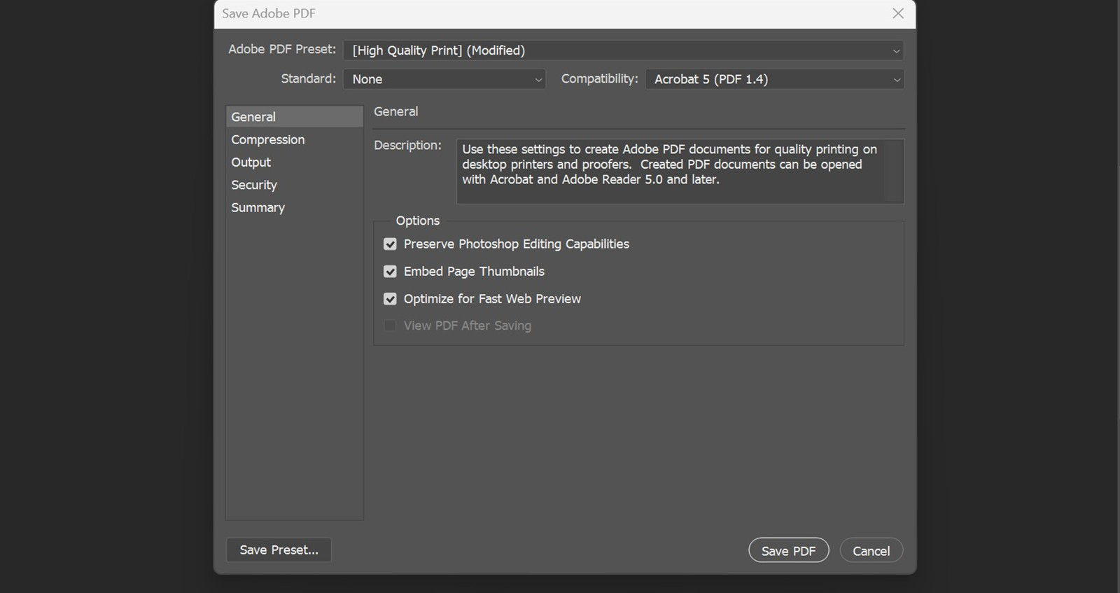 The Save Adobe PDF dialog is open, showing General settings with options to preserve editing, embed thumbnails, and optimize for web.