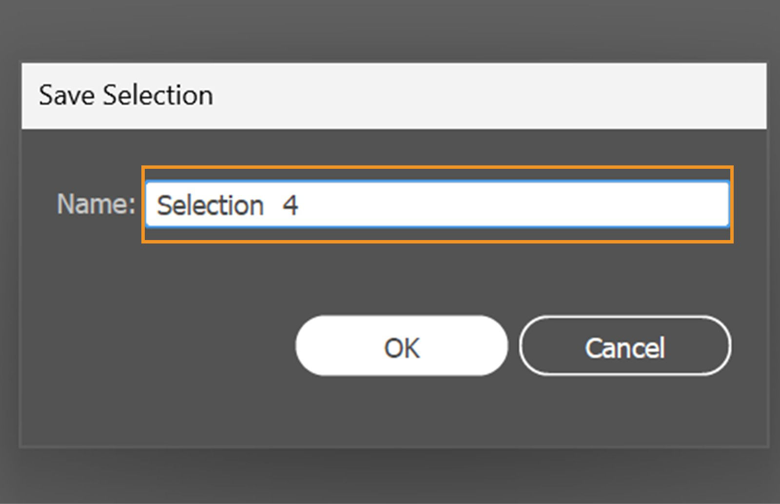 The Save Selection dialog box displays the Name field with the name Selection 4 highlighted.