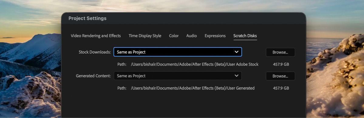 The Scratch Disks tab in Project Settings shows a folder path set for stock downloads.