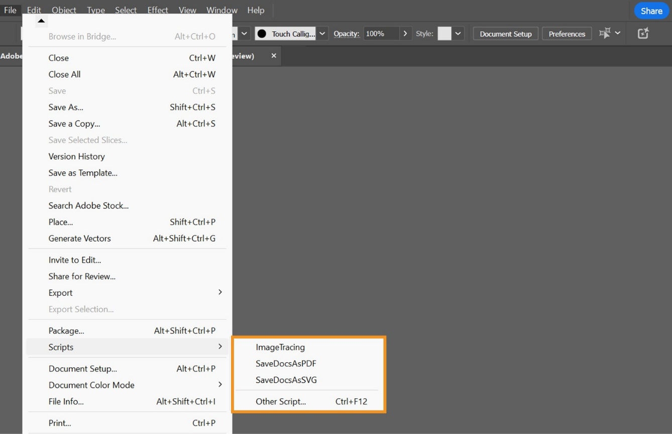 The Scripts submenu displays a list of available scripts for selection and execution, along with an option to access Other scripts from the system's hard drive.
