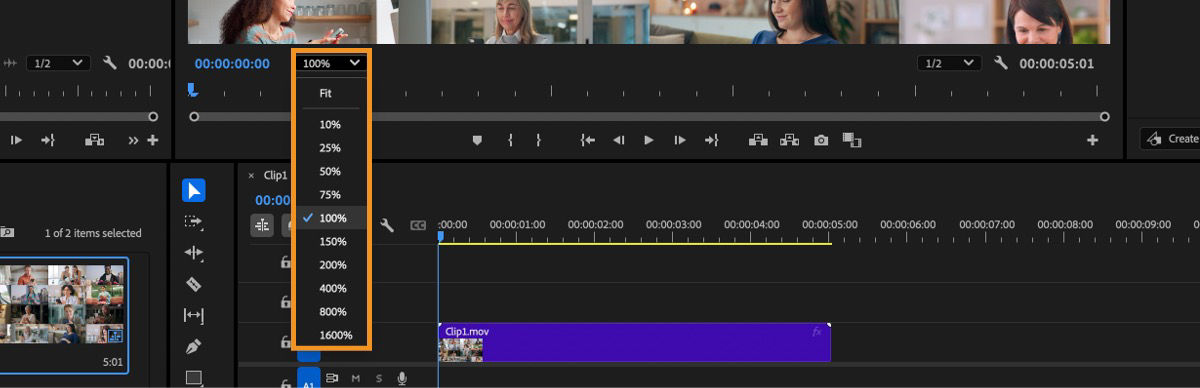 The Select Zoom Level menu displays various zoom options to choose from.