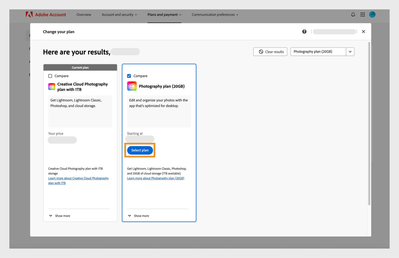 The Select plan button, available under the plan cards, allows you to select a new plan to switch to from your current plan. 