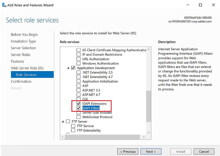 The Select role services displays the Role Services option with the list if roles. SAPI Extensions and SAPI Filters are highlighted to draw attention.